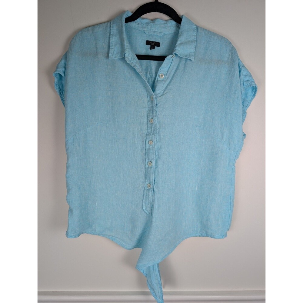Talbots 100% Linen Tie Front Blouse Womens MP Striped Beach Boxy Button Up